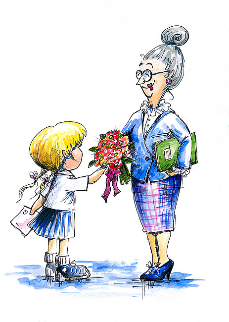 Dziewczynka wręcza kwiaty nauczycielowi